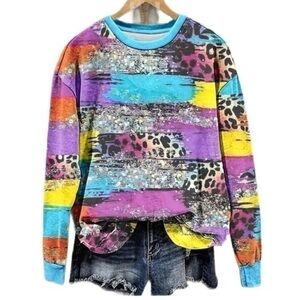 Women’s Leopard & Block Print Long Sleeve Crewneck Sweatshirt - Size XL - NWT